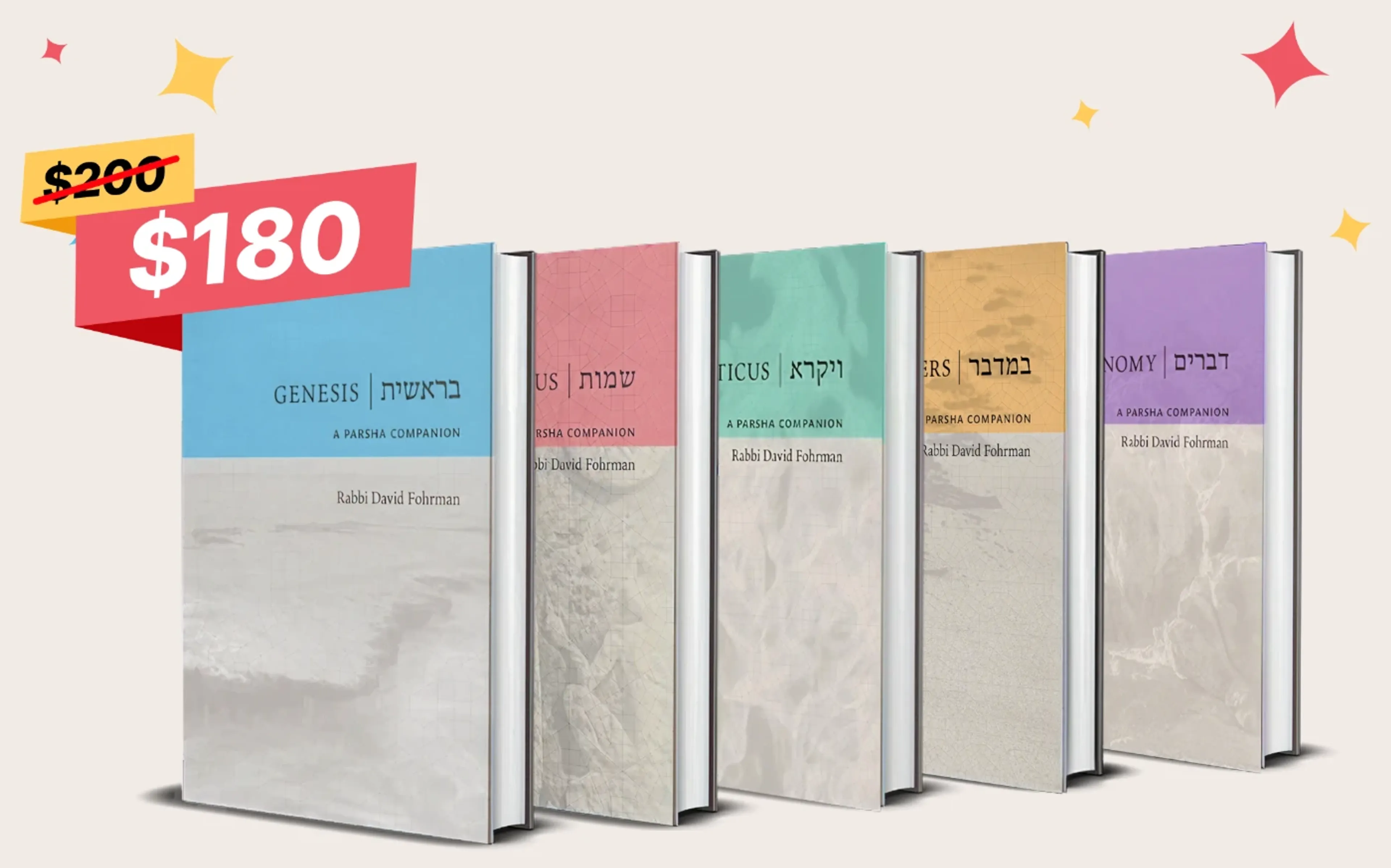 The five-volume Parsha Companion set by Rabbi David Fohrman, now $180 (was $200)