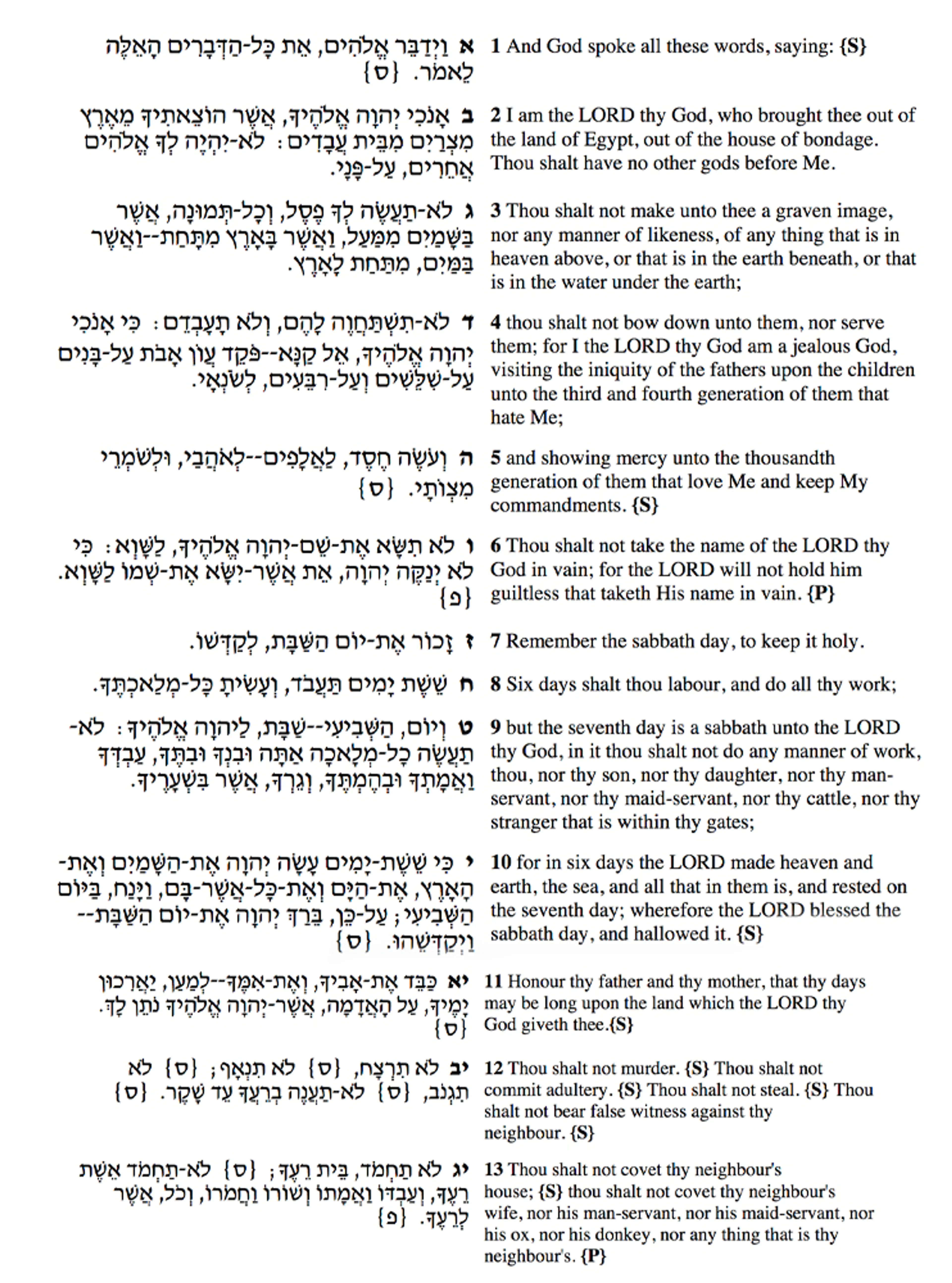 The Ten Commandments in Hebrew and English (Exodus 20)